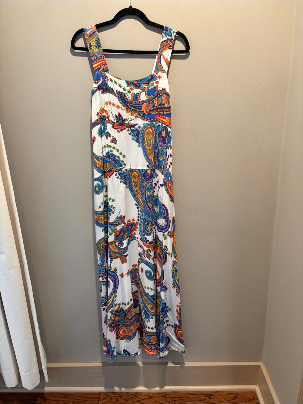 1. State White Maxi Dress with Blue, Orange and Green Paisley Print